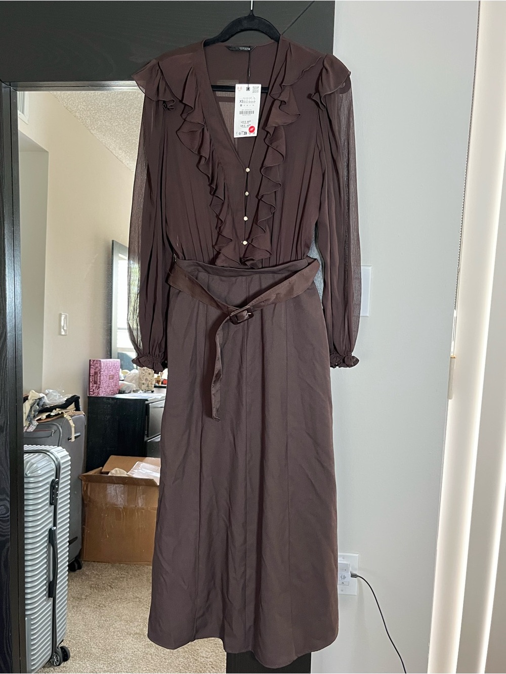 ZARA Chocolate Brown Ruffle V-Neck Long Sleeve Midi Dress